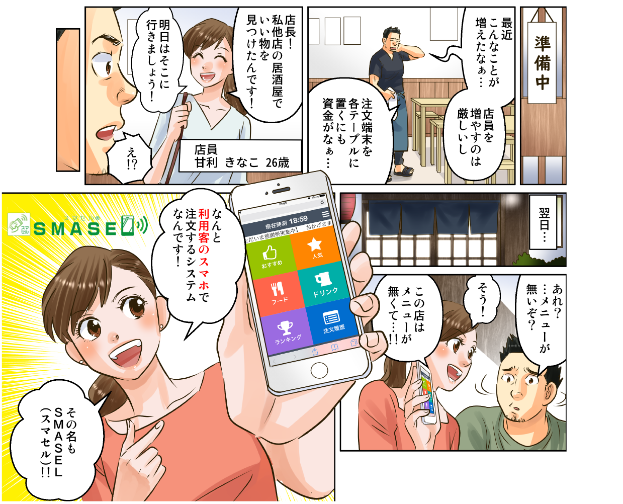 店員を増やすのは厳しいし、注文端末を各テーブルに置くにも資金がな…店長！私他店の居酒屋でいい物を見つけたんです！明日はそこにいきましょう！あれ？メニューがないぞ？そう！この店はメニューがなくて…なんと利用客のスマホで注文するシステムなんです！その名もSMASEL（スマセル）！