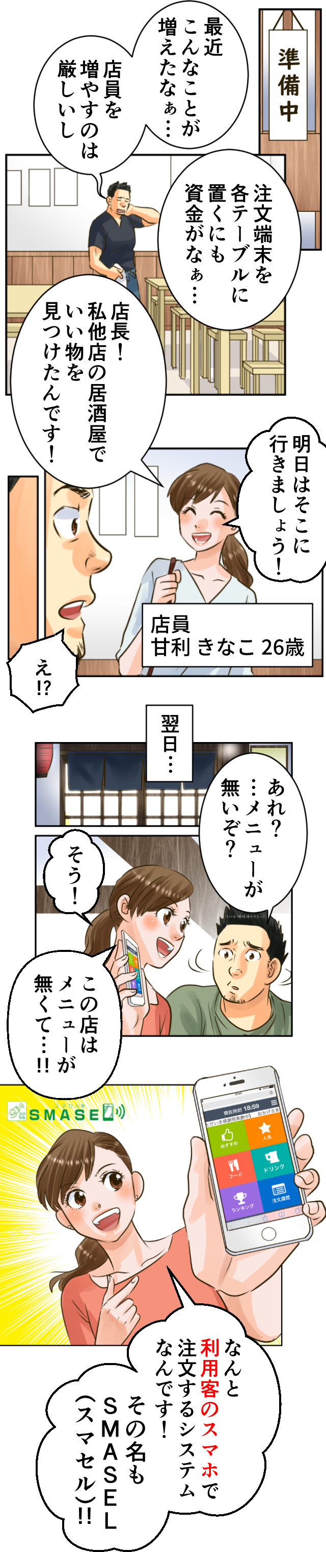 店員を増やすのは厳しいし、注文端末を各テーブルに置くにも資金がな…店長！私他店の居酒屋でいい物を見つけたんです！明日はそこにいきましょう！あれ？メニューがないぞ？そう！この店はメニューがなくて…なんと利用客のスマホで注文するシステムなんです！その名もSMASEL（スマセル）！